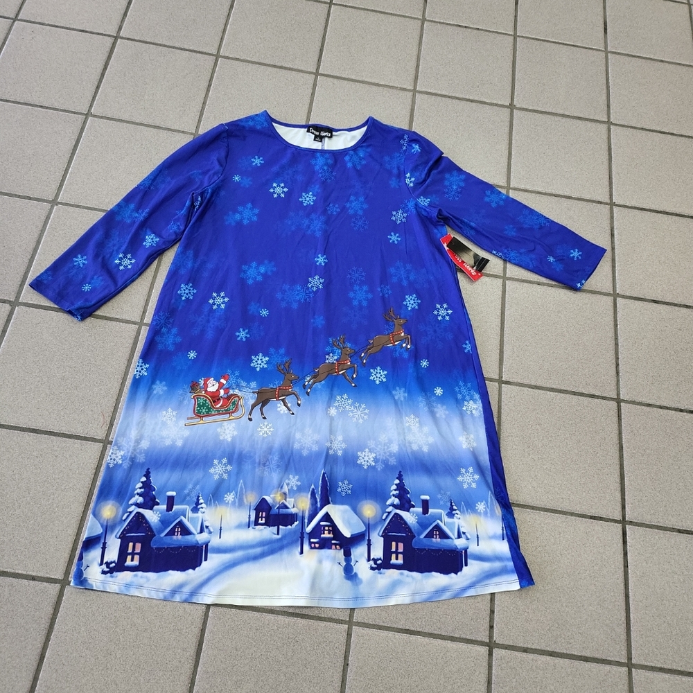 NWT Women's Medium Dress Works Holiday Christmas Blue Dress Santa Reindeer Scene